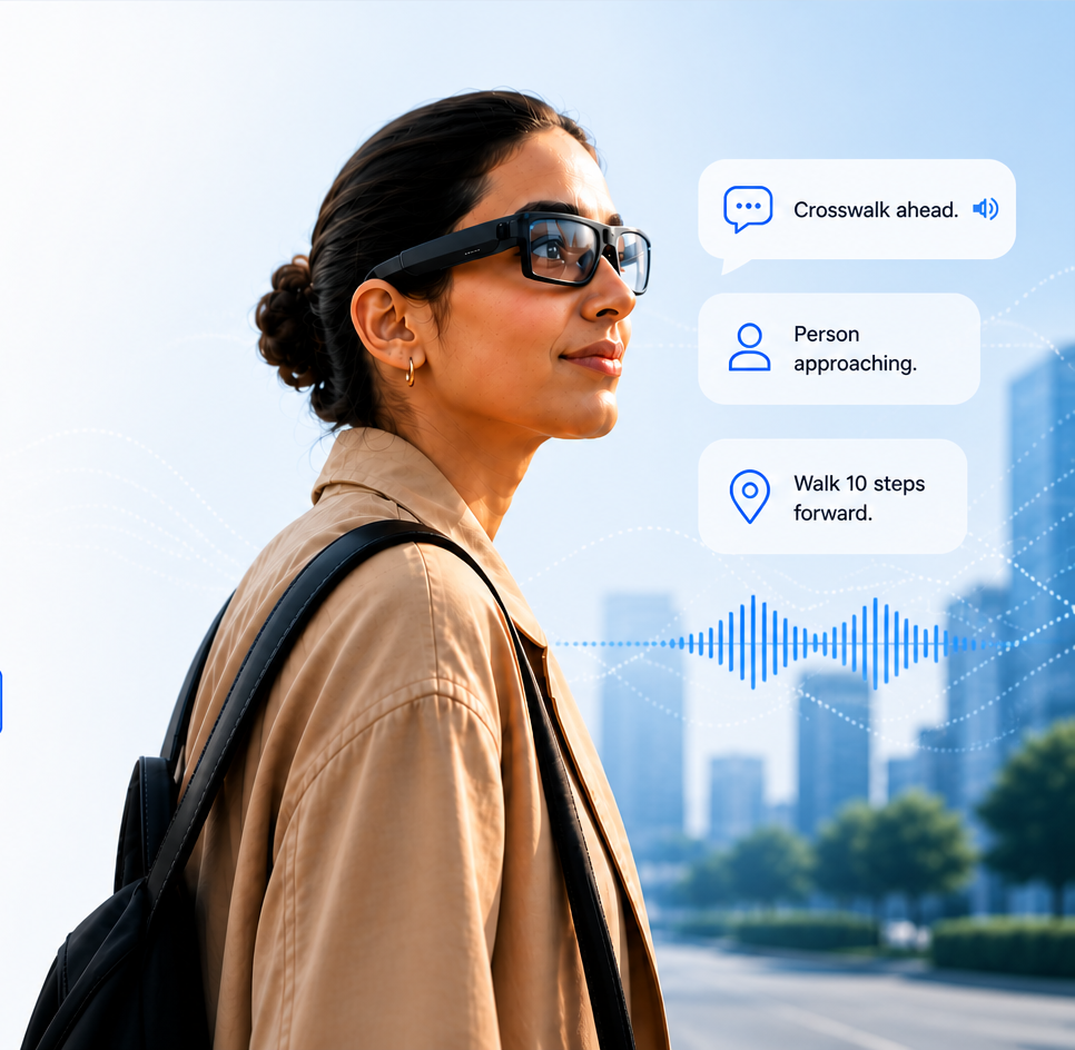 Illustration of proposed accessible messages displayed alongside a person wearing smart glasses